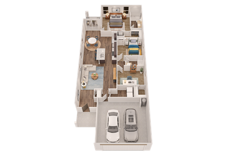 A 3D floor plan of a house with a kitchen, living room, and two bedrooms.